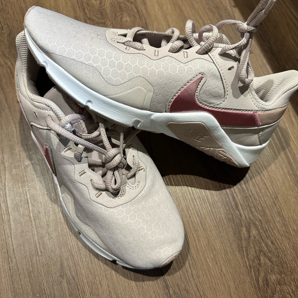 Nike Women's Athletic Sneakers in Light Beige with Dusty Rose Swoosh